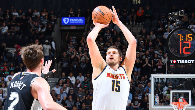 SAN ANTONIO, TX - MARCH 12: Nikola Jokic #15 of the Denver Nuggets shoots the ball during the game against the San Antonio Spurs on March 12, 2026 at the Frost Bank Center in San Antonio, Texas. Mandatory Copyright Notice: Copyright 2026 NBAE (Photos by Michael Gonzales/NBAE via Getty Images)