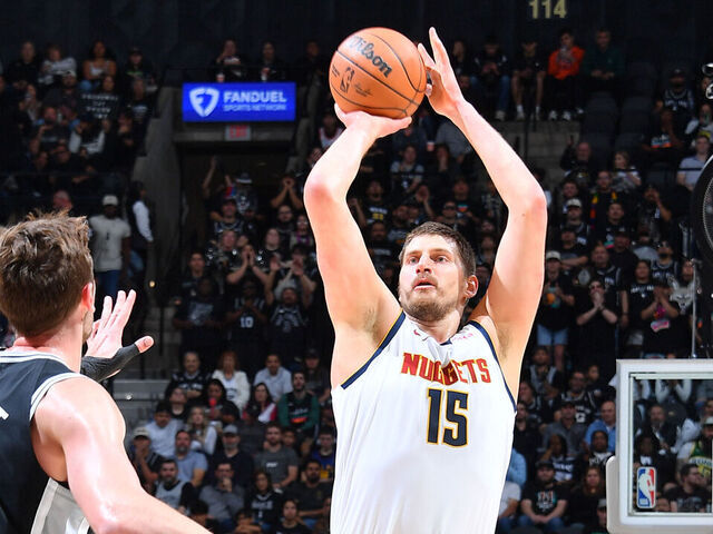 SAN ANTONIO, TX - MARCH 12: Nikola Jokic #15 of the Denver Nuggets shoots the ball during the game against the San Antonio Spurs on March 12, 2026 at the Frost Bank Center in San Antonio, Texas. Mandatory Copyright Notice: Copyright 2026 NBAE (Photos by Michael Gonzales/NBAE via Getty Images)
