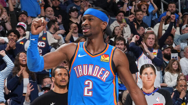 OKLAHOMA CITY, OK - MARCH 12: Shai Gilgeous-Alexander #2 of the Oklahoma City Thunder celebrates during the game against the Boston Celtics on March 12, 2026 at Paycom Center in Oklahoma City, Oklahoma. Mandatory Copyright Notice: Copyright 2026 NBAE