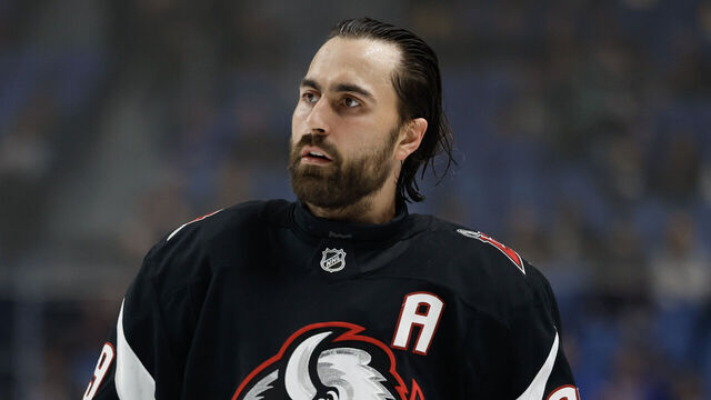 BUFFALO, NEW YORK - MARCH 08: Alex Tuch #89 of the Buffalo Sabres looks on before the game against the Tampa Bay Lightning at KeyBank Center on March 08, 2026 in Buffalo, New York.