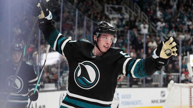 SAN JOSE, CA - MARCH 3: Collin Graf #51 of the San Jose Sharks celebrates scoring a goal in the first period against the Montreal Canadiens at SAP Center on March 3, 2026 in San Jose, California.