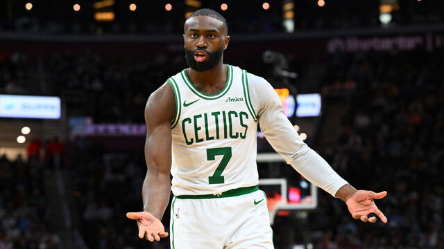 CLEVELAND, OHIO - NOVEMBER 30: Jaylen Brown #7 of the Boston Celtics reacts during the fourth quarter against the Cleveland Cavaliers at Rocket Arena on November 30, 2025 in Cleveland, Ohio. The Celtics defeated the Cavaliers 117-115.