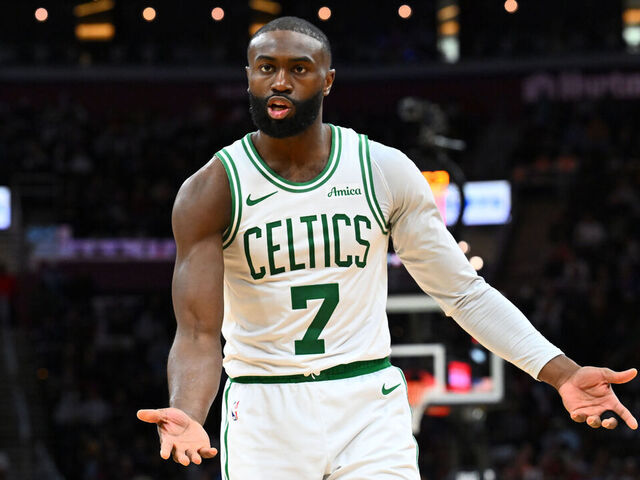 CLEVELAND, OHIO - NOVEMBER 30: Jaylen Brown #7 of the Boston Celtics reacts during the fourth quarter against the Cleveland Cavaliers at Rocket Arena on November 30, 2025 in Cleveland, Ohio. The Celtics defeated the Cavaliers 117-115.