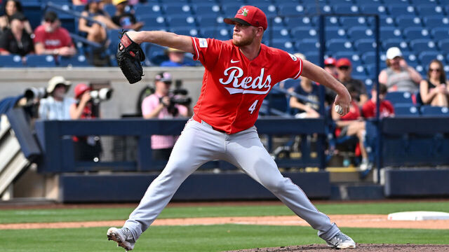 PHOENIX, ARIZONA - FEBRUARY 28, 2026: Caleb Ferguson #46 of the Cincinnati Reds throws a pitch during the fourth inning of a spring training game against the Milwaukee Brewers at American Family Fields of Phoenix on February 28, 2026 in Phoenix, Arizona.