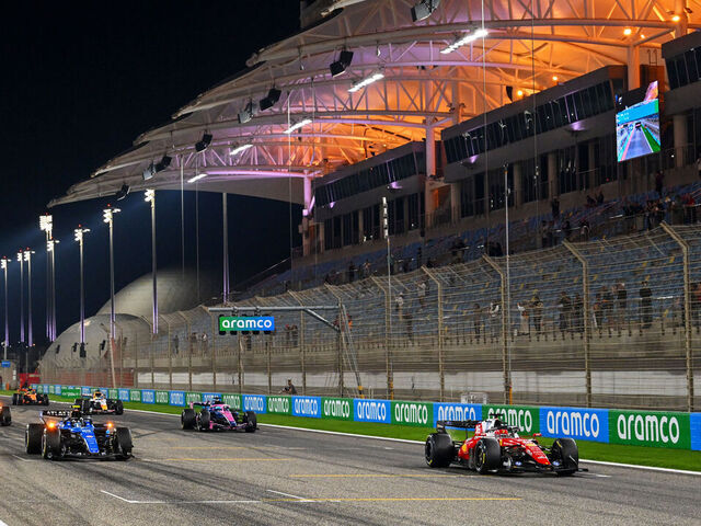 BAHRAIN, BAHRAIN - FEBRUARY 20: Charles Leclerc of Monaco driving the (16) Scuderia Ferrari SF-26 leads Carlos Sainz of Spain driving the (55) Williams FW48 Mercedes and Pierre Gasly of France driving the (10) Alpine F1 A526 Mercedes as they practice their race start procedures during day three of F1 Testing at Bahrain International Circuit on February 20, 2026 in Bahrain, Bahrain.