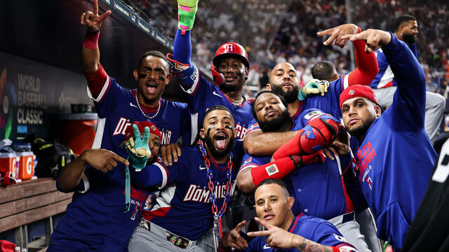 MIAMI, FLORIDA - MARCH 11: Fernando Tatis Jr. of the Dominican Republic celebrates with teammates Vladimir Guerrero Jr. #27Geraldo Perdomo #2, Manny MacHado #3 , and Julio Rodríguez #44 after hitting a home run during the fourth inning against Venezuela at loanDepot park on March 11, 2026 in Miami, Florida.