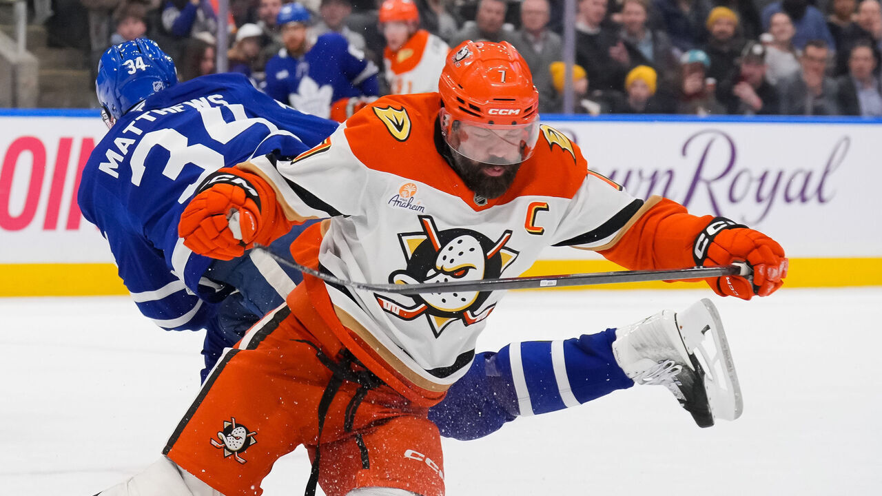 TORONTO, CANADA - MARCH 12: Radko Gudas #7 of the Anaheim Ducks takes a kneeing penalty against Auston Matthews #34 of the Toronto Maple Leafs in the second period at Scotiabank Arena on March 12, 2026 in Toronto, Ontario, Canada.