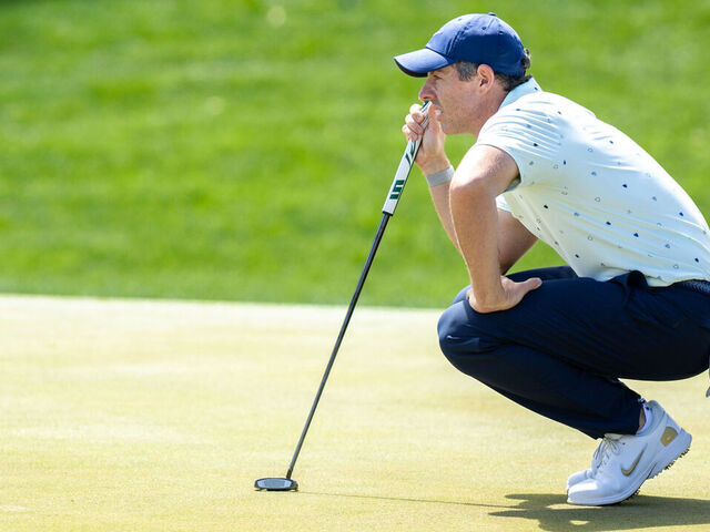PONTE VEDRA BEACH, FLORIDA - MARCH 13: Rory McIlroy of Northern Ireland prepares to putt on the ninth hole during the second round of THE PLAYERS Championship 2026 at THE PLAYERS Stadium course at TPC Sawgrass on March 13, 2026 in Ponte Vedra Beach, Florida.