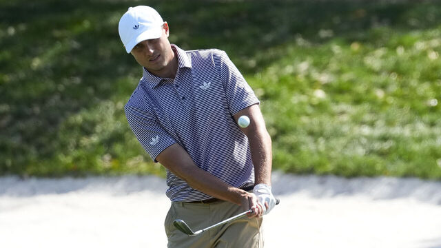 PONTE VEDRA BEACH, FLORIDA - MARCH 13: Ludvig Aberg of Sweden hits a chip shot on the ninth hole during the second round of THE PLAYERS Championship at Stadium Course at TPC Sawgrass on March 13, 2026 in Ponte Vedra Beach, Florida.