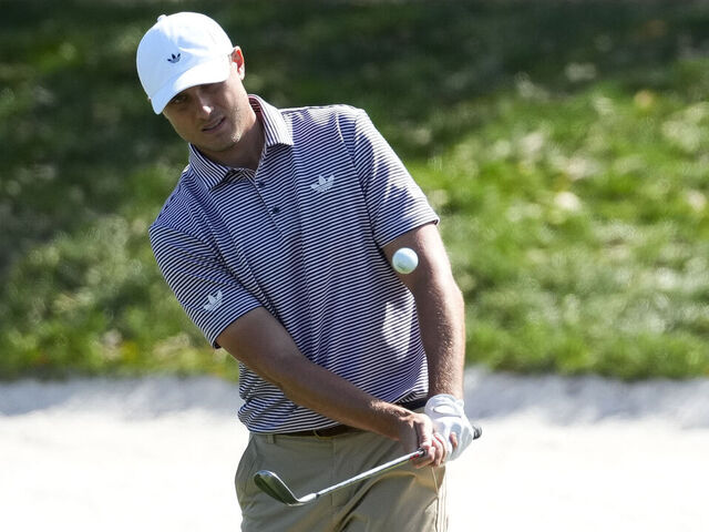 PONTE VEDRA BEACH, FLORIDA - MARCH 13: Ludvig Aberg of Sweden hits a chip shot on the ninth hole during the second round of THE PLAYERS Championship at Stadium Course at TPC Sawgrass on March 13, 2026 in Ponte Vedra Beach, Florida.
