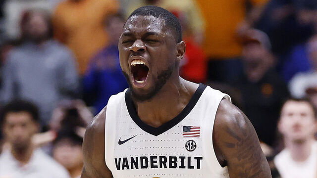 NASHVILLE, TENNESSEE - MARCH 13: Duke Miles #2 of the Vanderbilt Commodores celebrates after a 75-68 victory against against the Tennessee Volunteers during the third round of the 2026 SEC Men's Basketball Tournament at Bridgestone Arena on March 12, 2026 in Nashville, Tennessee.