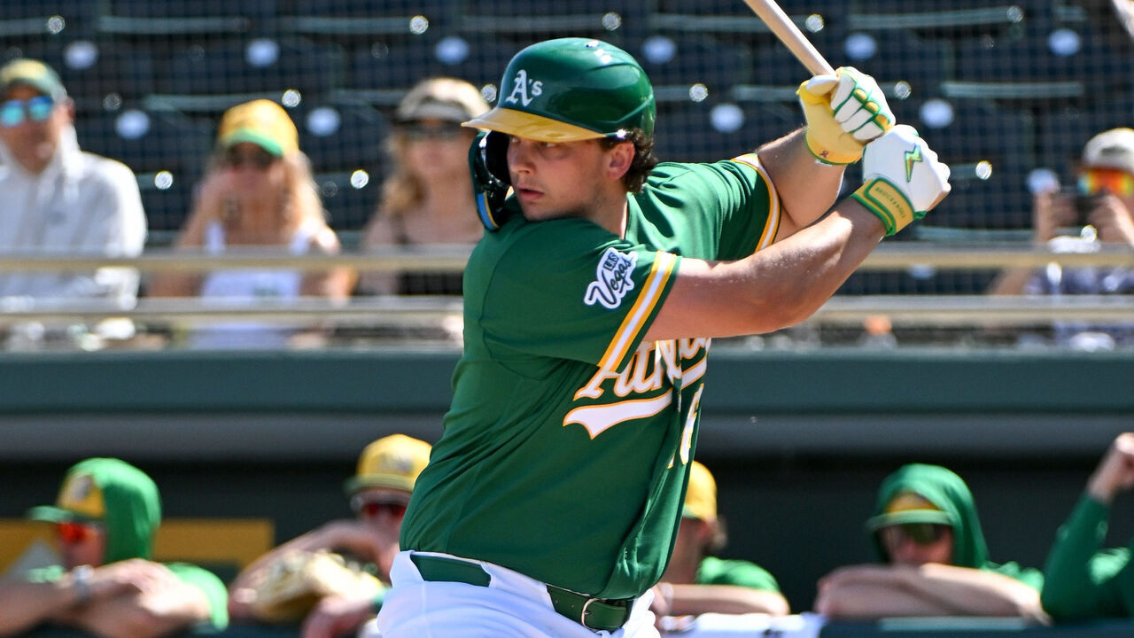 MESA, ARIZONA - FEBRUARY 26, 2026: Nick Kurtz #16 of the Athletics bats during the first inning of a spring training game against the Texas Rangers at Hohokam Stadium on February 26, 2026 in Mesa, Arizona.
