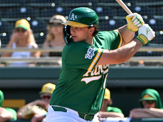 MESA, ARIZONA - FEBRUARY 26, 2026: Nick Kurtz #16 of the Athletics bats during the first inning of a spring training game against the Texas Rangers at Hohokam Stadium on February 26, 2026 in Mesa, Arizona.