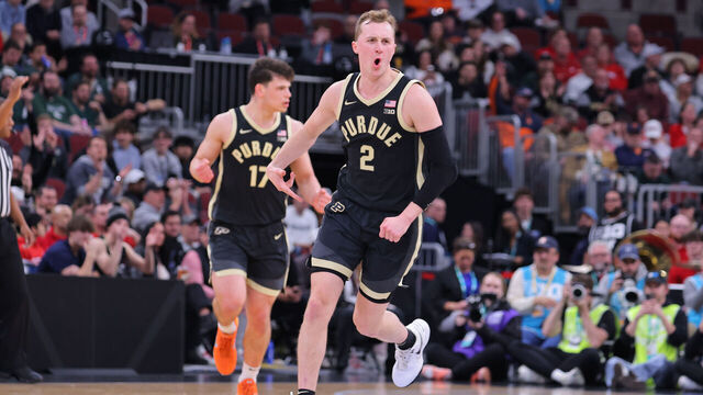 CHICAGO, ILLINOIS - MARCH 13: Fletcher Loyer #2 of the Purdue Boilermakers reacts after a play during the first half of the quarterfinals game of the 2026 Big Ten Men's Basketball Tournament against the Nebraska Cornhuskersat the United Center on March 13, 2026 in Chicago, Illinois.