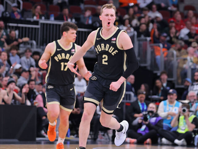 CHICAGO, ILLINOIS - MARCH 13: Fletcher Loyer #2 of the Purdue Boilermakers reacts after a play during the first half of the quarterfinals game of the 2026 Big Ten Men's Basketball Tournament against the Nebraska Cornhuskersat the United Center on March 13, 2026 in Chicago, Illinois.