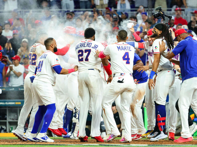 MIAMI, FL - MARCH 13: Austin Wells #28 of Team Dominican Republic celebrates with teammates after hitting a three-run home run in the seventh inning during the 2026 World Baseball Classic Quarterfinals game presented by Capital One between Team Korea and Team Dominican Republic at loanDepot park on Friday, March 13, 2026 in Miami, Florida.