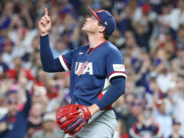 HOUSTON, TX - MARCH 13: Mason Miller #19 of Team USA celebrates after the 2026 World Baseball Classic Quarterfinals game presented by Capital One between Team USA and Team Canada at Daikin Park on Friday, March 13, 2026 in Houston, Texas.