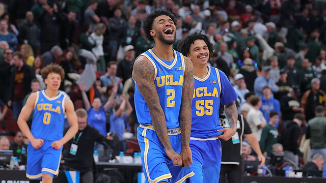 CHICAGO, ILLINOIS - MARCH 13: Donovan Dent #2 of the UCLA Bruins celebrates after the quarterfinals game of the 2026 Big Ten Men's Basketball Tournament against the the Michigan State Spartans at the United Center on March 13, 2026 in Chicago, Illinois.