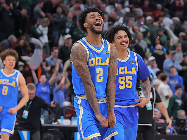 CHICAGO, ILLINOIS - MARCH 13: Donovan Dent #2 of the UCLA Bruins celebrates after the quarterfinals game of the 2026 Big Ten Men's Basketball Tournament against the the Michigan State Spartans at the United Center on March 13, 2026 in Chicago, Illinois.