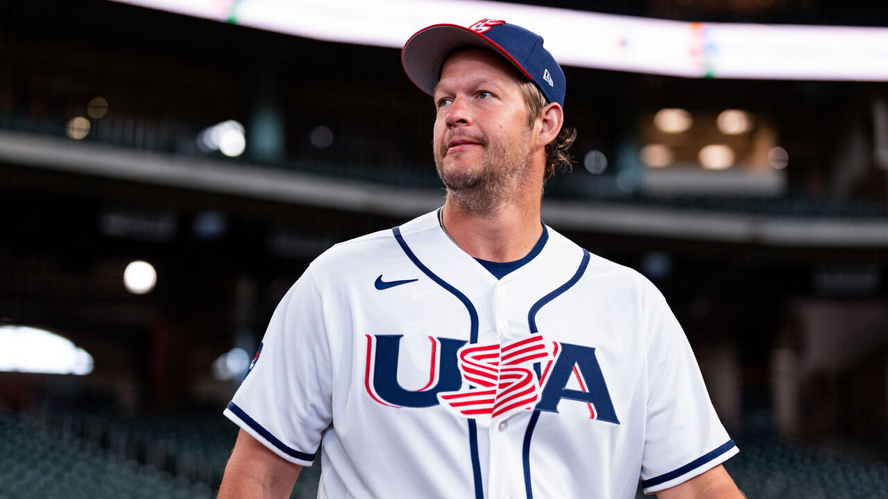 HOUSTON, TEXAS - MARCH 05: Clayton Kershaw #22 of Team USA walks to the team photo during 2026 World Baseball Classic Pool B Workouts at Daikin Park on March 05, 2026 in Houston, Texas.
