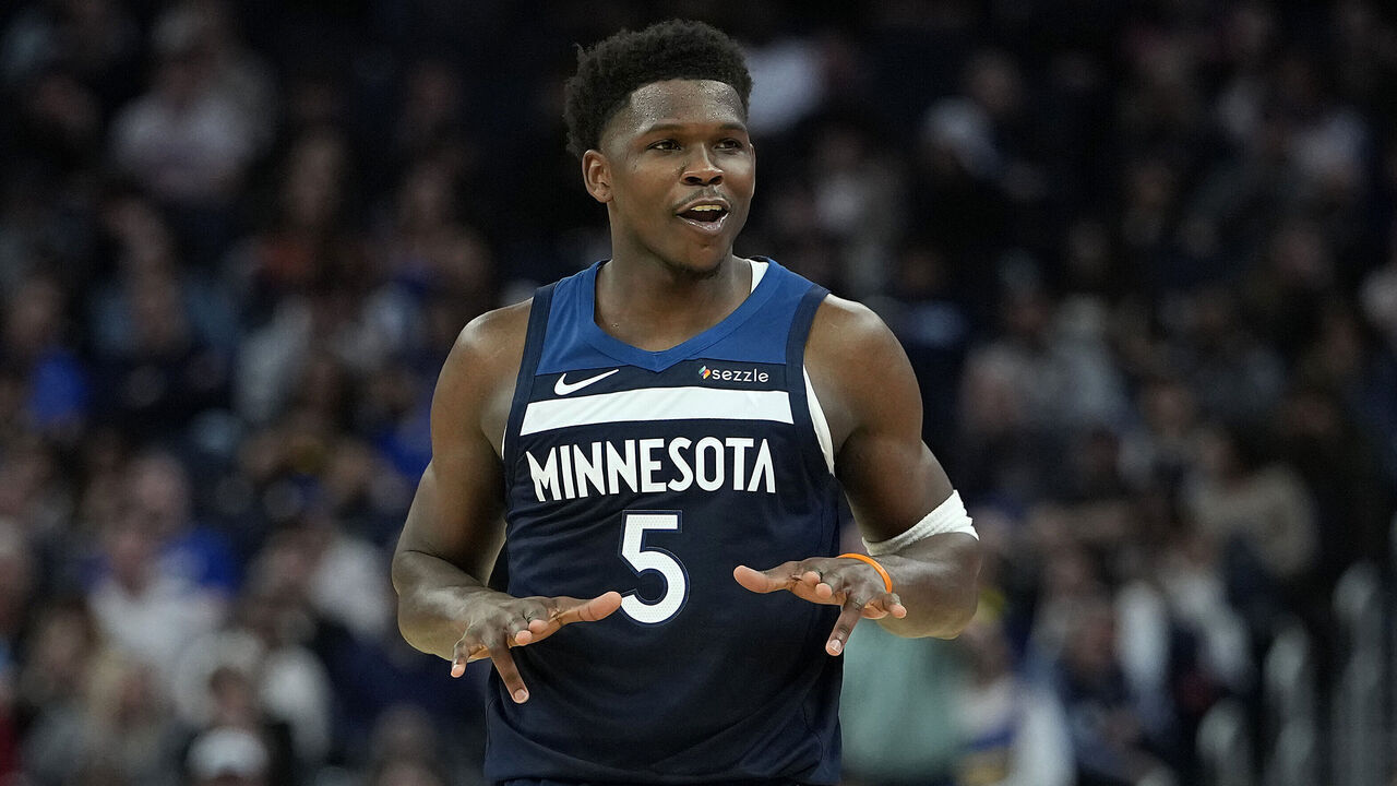 SAN FRANCISCO, CALIFORNIA - MARCH 13: Anthony Edwards #5 of the Minnesota Timberwolves reacts after making a three-point shot against the Golden State Warriors in the second half at Chase Center on March 13, 2026 in San Francisco, California.