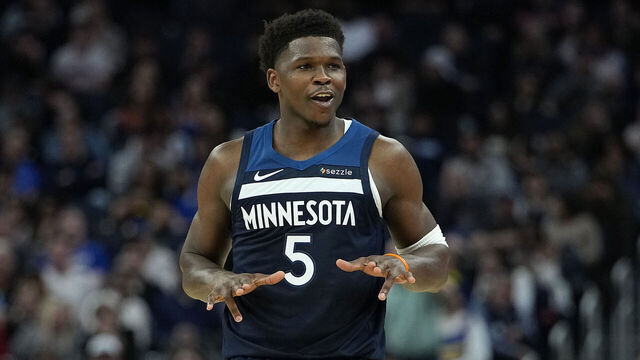 SAN FRANCISCO, CALIFORNIA - MARCH 13: Anthony Edwards #5 of the Minnesota Timberwolves reacts after making a three-point shot against the Golden State Warriors in the second half at Chase Center on March 13, 2026 in San Francisco, California.