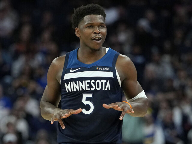 SAN FRANCISCO, CALIFORNIA - MARCH 13: Anthony Edwards #5 of the Minnesota Timberwolves reacts after making a three-point shot against the Golden State Warriors in the second half at Chase Center on March 13, 2026 in San Francisco, California.