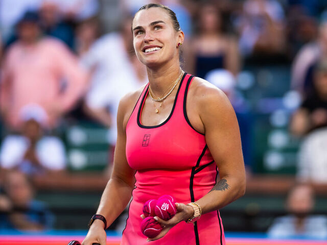 INDIAN WELLS, CALIFORNIA - MARCH 13: Aryna Sabalenka reacts after defeating Linda Noskova of the Czech Republic in the semi-final on Day 10 of the BNP Paribas Open at Indian Wells Tennis Garden on March 13, 2026 in Indian Wells, California