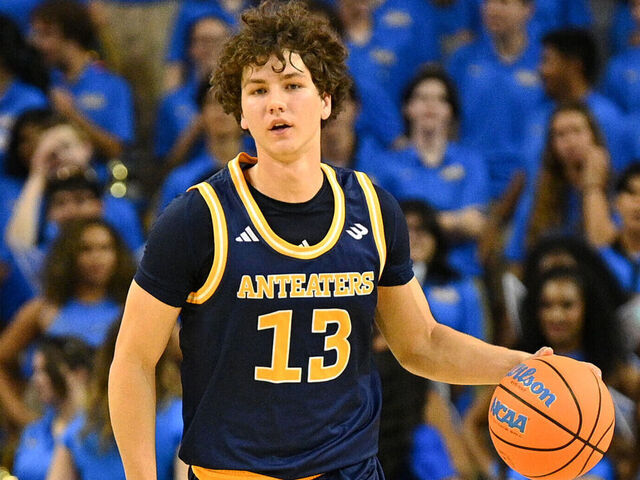 LOS ANGELES, CA - OCTOBER 28: UC Irvine Anteaters guard Derin Saran (13) dribbles up the court during a college basketball exhibition game between the UC Irvine Anteaters and the UCLA Bruins on October 28, 2025, at Pauley Pavilion in Los Angeles, CA.