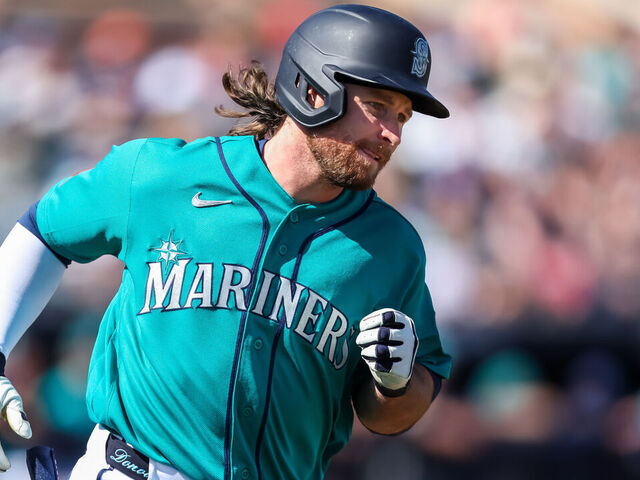 PEORIA, ARIZONA - FEBRUARY 24: Brendan Donovan #33 of the Seattle Mariners runs the bases during the first inning of a spring training game against the Chicago White Sox at Peoria Stadium on February 24, 2026 in Peoria, Arizona.