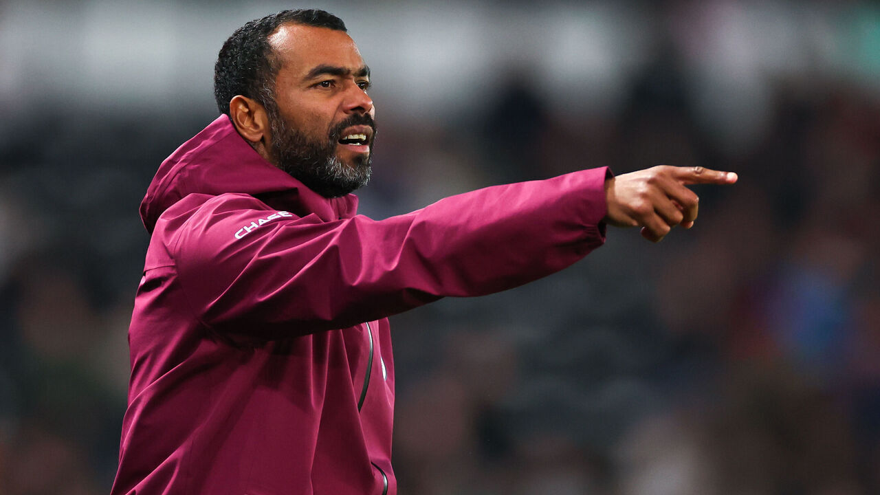 DERBY, ENGLAND - OCTOBER 13: Ashley Cole, assistant head coach / manager of England during the 2027 UEFA European Under-21 Championship Qualifier at Pride Park between England U21 and Andorra U21 on October 13, 2025 in Derby, England.
