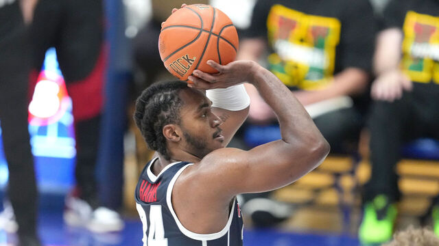 WASHINGTON, DC - OCTOBER 28: Bryce Harris #34 of the Howard Bison takes a foul shot during an exhibition college basketball game against the American University Eagles at Bender Arena on October 28, 2024 in Washington, DC.