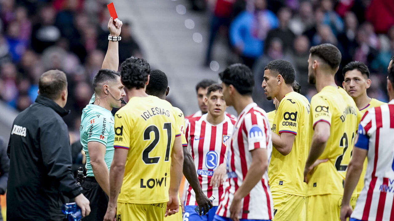 MADRID, SPAIN - MARCH 14: Abdel Abqar of Getafe CF see the red card during the Spanish League, LaLiga EA Sports, football match played between Atletico de Madrid and Getafe CF at Riyadh Air Metropolitano stadium on March 14, 2026, in Madrid, Spain.