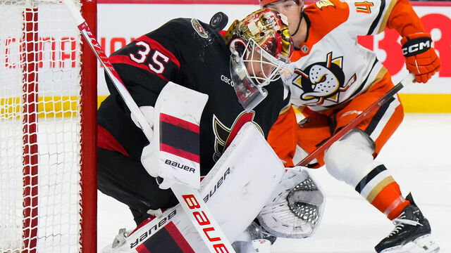 OTTAWA, CANADA - MARCH 14: Linus Ullmark #35 of the Ottawa Senators makes a save against the Anaheim Ducks during the second period on March 14, 2026 at Canadian Tire Centre in Ottawa, Ontario, Canada.