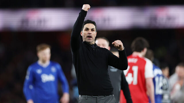 LONDON, ENGLAND - MARCH 14: Mikel Arteta, Manager of Arsenal, celebrates following the team's victory in the Premier League match between Arsenal and Everton at Emirates Stadium on March 14, 2026 in London, England.