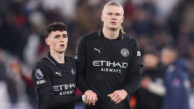 LONDON, ENGLAND - MARCH 14: Phil Foden and Erling Haaland of Manchester City look dejected following the Premier League match between West Ham United and Manchester City at London Stadium on March 14, 2026 in London, England.