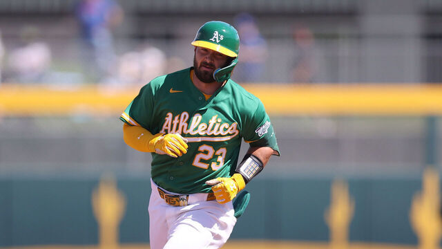 MESA, ARIZONA - MARCH 14: Shea Langeliers #23 of the Athletics rounds second base after hitting a home run during the first inning of the spring training game against the Kansas City Royals at Hohokam Stadium on March 14, 2026 in Mesa, Arizona.