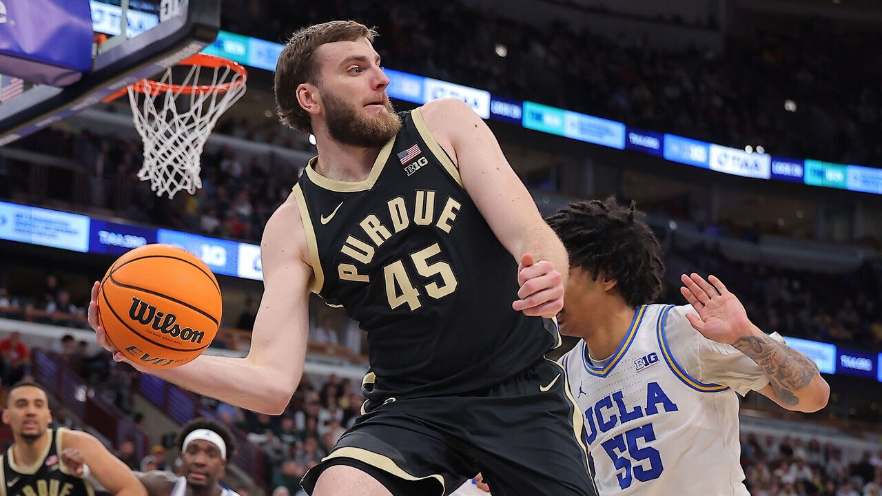 CHICAGO, IL - MARCH 14: Oscar Cluff #45 of the Purdue Boilermakers in action during the second half of the semifinals game of the 2026 Big Ten Men's Basketball Tournament against the UCLA Bruins at the United Center on March 14, 2026 in Chicago, Illinois.
