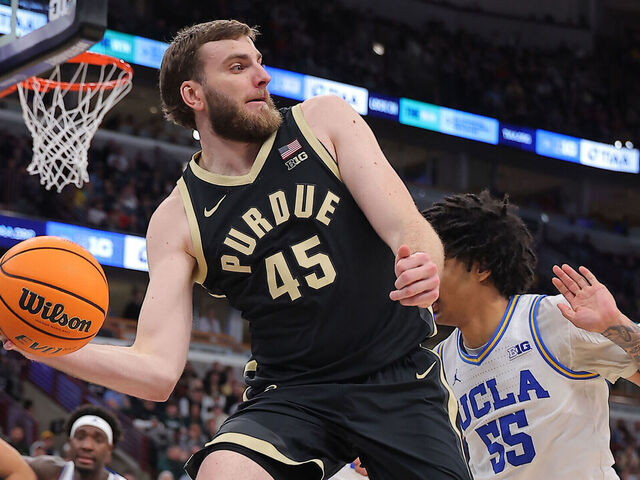 CHICAGO, IL - MARCH 14: Oscar Cluff #45 of the Purdue Boilermakers in action during the second half of the semifinals game of the 2026 Big Ten Men's Basketball Tournament against the UCLA Bruins at the United Center on March 14, 2026 in Chicago, Illinois.