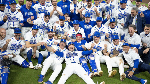 HOUSTON, TEXAS - MARCH 14: Francisco Cervelli #29 of Italy celebrates with his team after defeating Puerto Rico during the 2026 World Baseball Classic Quarterfinals game at Daikin Park on March 14, 2026 in Houston, Texas.