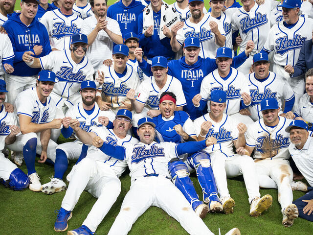 HOUSTON, TEXAS - MARCH 14: Francisco Cervelli #29 of Italy celebrates with his team after defeating Puerto Rico during the 2026 World Baseball Classic Quarterfinals game at Daikin Park on March 14, 2026 in Houston, Texas.