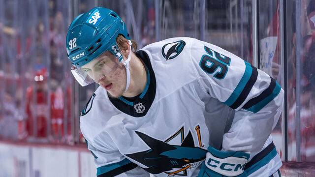 DETROIT, MICHIGAN - JANUARY 16: Igor Chernyshov #92 of the San Jose Sharks skates around in warm ups before the game against the Detroit Red Wings at Little Caesars Arena on January 16, 2026 in Detroit, Michigan.