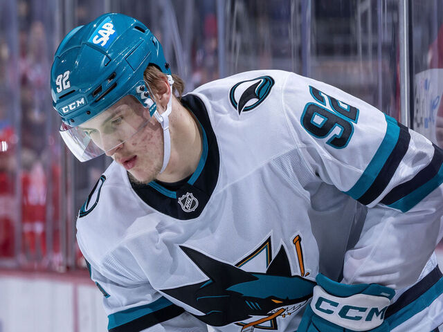 DETROIT, MICHIGAN - JANUARY 16: Igor Chernyshov #92 of the San Jose Sharks skates around in warm ups before the game against the Detroit Red Wings at Little Caesars Arena on January 16, 2026 in Detroit, Michigan.