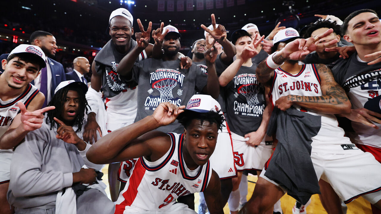 NEW YORK, NEW YORK - MARCH 14: Joson Sanon #3 of the St. John's Red Storm and teammates celebrate after the second half of the 2026 Big East Men's Tournament Championship game against the Connecticut Huskies at Madison Square Garden on March 14, 2026 in New York City. The Red Storm won 72-52.