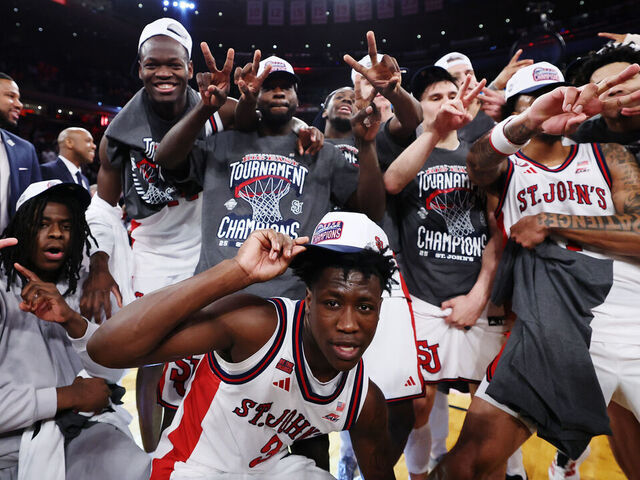 NEW YORK, NEW YORK - MARCH 14: Joson Sanon #3 of the St. John's Red Storm and teammates celebrate after the second half of the 2026 Big East Men's Tournament Championship game against the Connecticut Huskies at Madison Square Garden on March 14, 2026 in New York City. The Red Storm won 72-52.