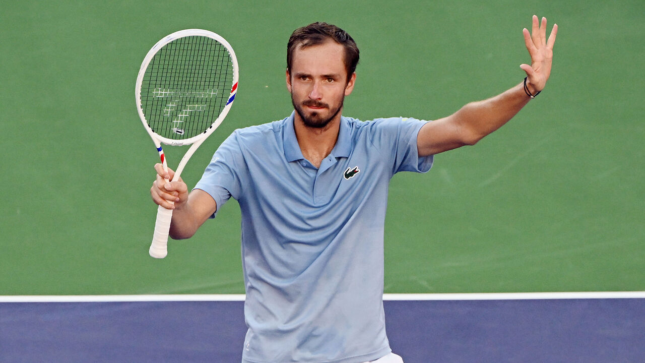 INDIAN WELLS, CA - MARCH 14: Daniil Medvedev (RUS) waves after winning an ATP semifinals tennis match played during the BNP Paribas Open played on March 14, 2026 at the Indian Wells Tennis Garden in Indian Wells, CA.