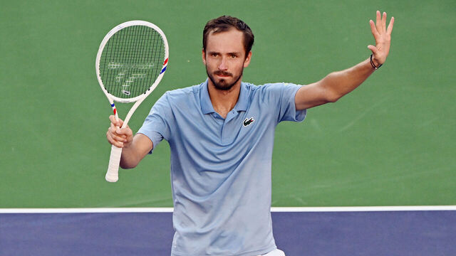 INDIAN WELLS, CA - MARCH 14: Daniil Medvedev (RUS) waves after winning an ATP semifinals tennis match played during the BNP Paribas Open played on March 14, 2026 at the Indian Wells Tennis Garden in Indian Wells, CA.