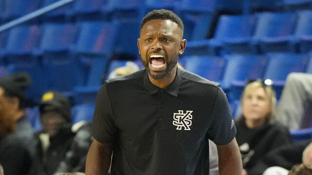 NEWARK, DE - JANUARY 04: Head coach Antoine Pettway of the Kennesaw State Owls looks on during a college basketball game against the Delaware Fightin' Blue Hens at the Bob Carpenter Center on January 4, 2026 in Newark, Delaware.
