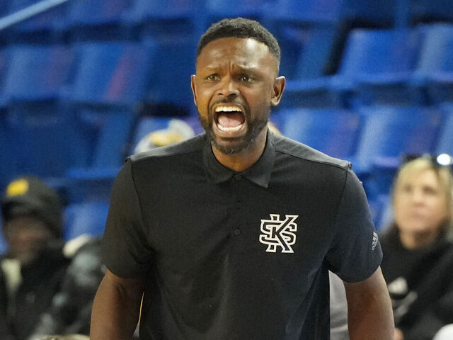 NEWARK, DE - JANUARY 04: Head coach Antoine Pettway of the Kennesaw State Owls looks on during a college basketball game against the Delaware Fightin' Blue Hens at the Bob Carpenter Center on January 4, 2026 in Newark, Delaware.
