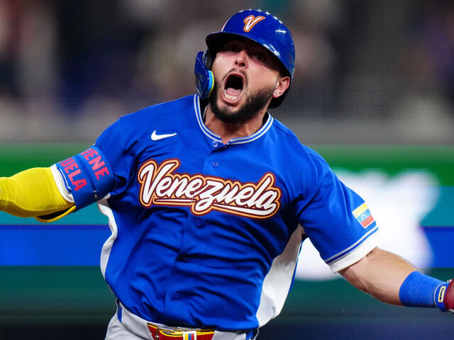 MIAMI, FL - MARCH 14: Wilyer Abreu #16 of Team Venezuela celebrates while rounding the bases after hitting a three-run home run to retake the lead in the sixth inning during the 2026 World Baseball Classic Quarterfinals game presented by Capital One between Team Venezuela and Team Japan at loanDepot park on Saturday, March 14, 2026 in Miami, Florida.